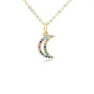 Simples Colorido CZ Rainbow Moon Pendant Necklace Small Horn Necklace Gold Filled Vermeil para Jóias das Mulheres