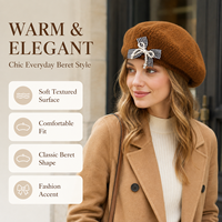 Karamellfarbene Strickmütze für Damen, Flauschige Wintermütze mit Gingham-Schleife, Perlen in Milchtee-Tönen, Süß, Retro, Niedlich, Großhandel