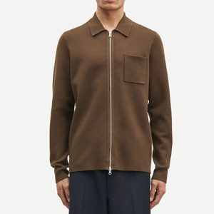 Sweat-shirt en laine mérinos pour <span class=keywords><strong>homme</strong></span>, fermeture éclair intégrale, manches longues, col et poche, marron - Product Image 1