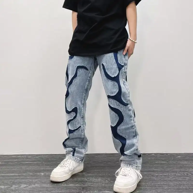 Wholesale Causal Streetwear Mens Straight Denim Jeans Mid Pants Cotton Contrast Patch Denim Jeans Men