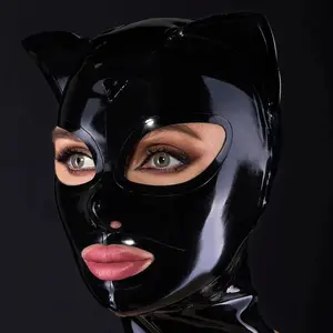 Cosplay Party Gummi Hood Cat Ears Latex Mask with Mouth With Zipper Catsuit Clubwear Latex Sex Mask