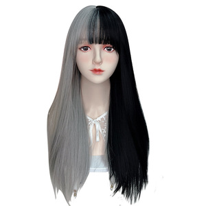 <span class=keywords><strong>Parrucca</strong></span> realizzata a macchina per ragazze, capelli lunghi e lisci, bicolore nero e bianco, frangia sottile, colore sfumato, copricapo Lolita Yin Yang - Product Image 1