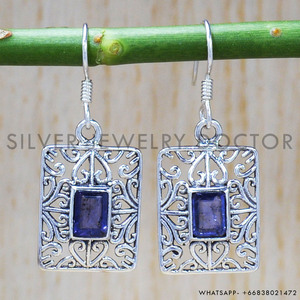 Bisel de corte esmeralda de alta calidad, piedras preciosas de amatista, pendientes de aro de aspecto antiguo de Plata de Ley 925, joyería de plata al por mayor - Product Image 2