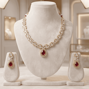 Ensemble collier et boucles d'oreilles élégants en laiton plaqué or avec moissanite américaine et gouttes rouge rubis, pour femmes, occasions spéciales - Product Image 4