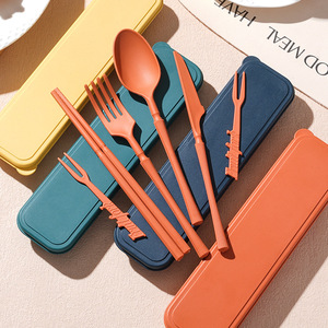 Juego de Cubiertos de Paja de Trigo, Portátil, con Tapa, Ecológico, Cuchillo, Tenedor, Cuchara, Palillos, para Camping - Product Image 2