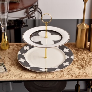 Plateau à dessert à 2 niveaux en porcelaine fine, motif floral ou géométrique, idéal pour la décoration et la présentation de table - Product Image 3