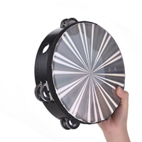 8 Inch Wooden Radiant Tambourine Handbell Hand Drum with Double Row Jingles Reflective Drum Head Musical Percussion Instrument