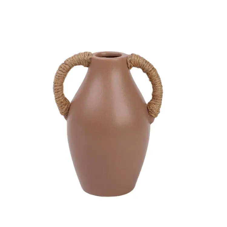 K & b vaso de argila de cerâmica cinza, jarro de argila com corda de cânhamo natural, alças binaurais