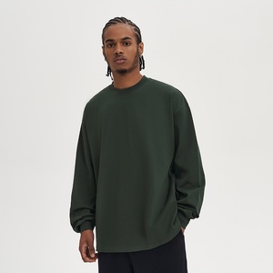 T-shirt en coton épais décontracté 280g pour hommes, col rond, coupe ample, motif imprimé, nouveau haut basique en tricot à manches longues - Product Image 1