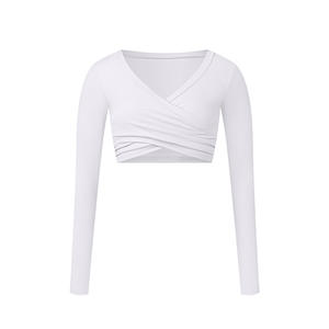 Logotipo personalizado Wrap Ballet Pilates Yoga Top con cuello en V elástico apretado manga larga cepillado <span class=keywords><strong>mujer</strong></span> Crop Top venta al por mayor de lujo de moda - Product Image 3