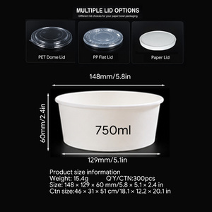 White Round Paper Bowl with Lid Food Grade Disposable Salad Soup <b>Container</b> 750ml Eco-Friendly <b>Takeaway</b> Bowl - Product Image 2