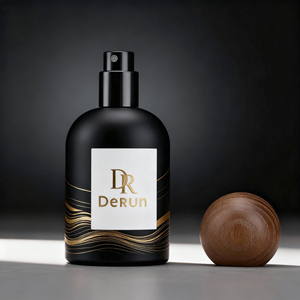 Flacon de parfum rond de luxe 50 ml en verre, pulvérisateur à pompe argenté brillant, finition givrée, couvercle en bois, impression sérigraphique, contenant cosmétique - Product Image 3