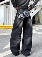 Jeans en denim noir délavé pour femme, imprimé graffiti, clouté, taille haute, coupe ample, jambe large, style streetwear Y2K, vente en gros