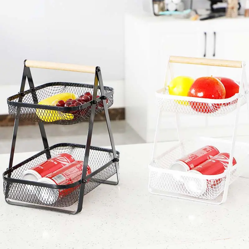 IN STOCK Hot Sale Portable 2 Tier Dry Fruit Serving Tray Metal Baskets With Wooden Handles