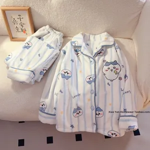 Pyjamas en polaire corail pour filles et garçons, vêtements d'intérieur pour enfants en hiver, manches longues, super doux, broderie de dessins animés - Product Image 2