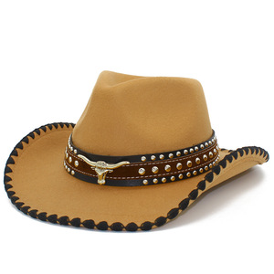 Chapeau de cowboy western unisexe vintage à large bord avec ornement tête de taureau et bordure en dentelle pour la pêche, les fêtes et le sport - Product Image 2