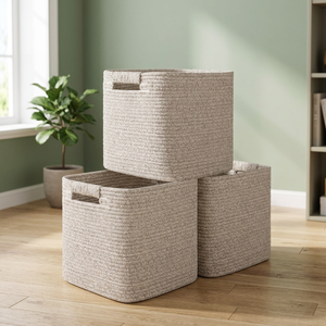 Storage <b>Baskets</b> <b>Square</b> Fabric with Handles for Neatening Multi-Purpose Use Beige Color - Product Image 2