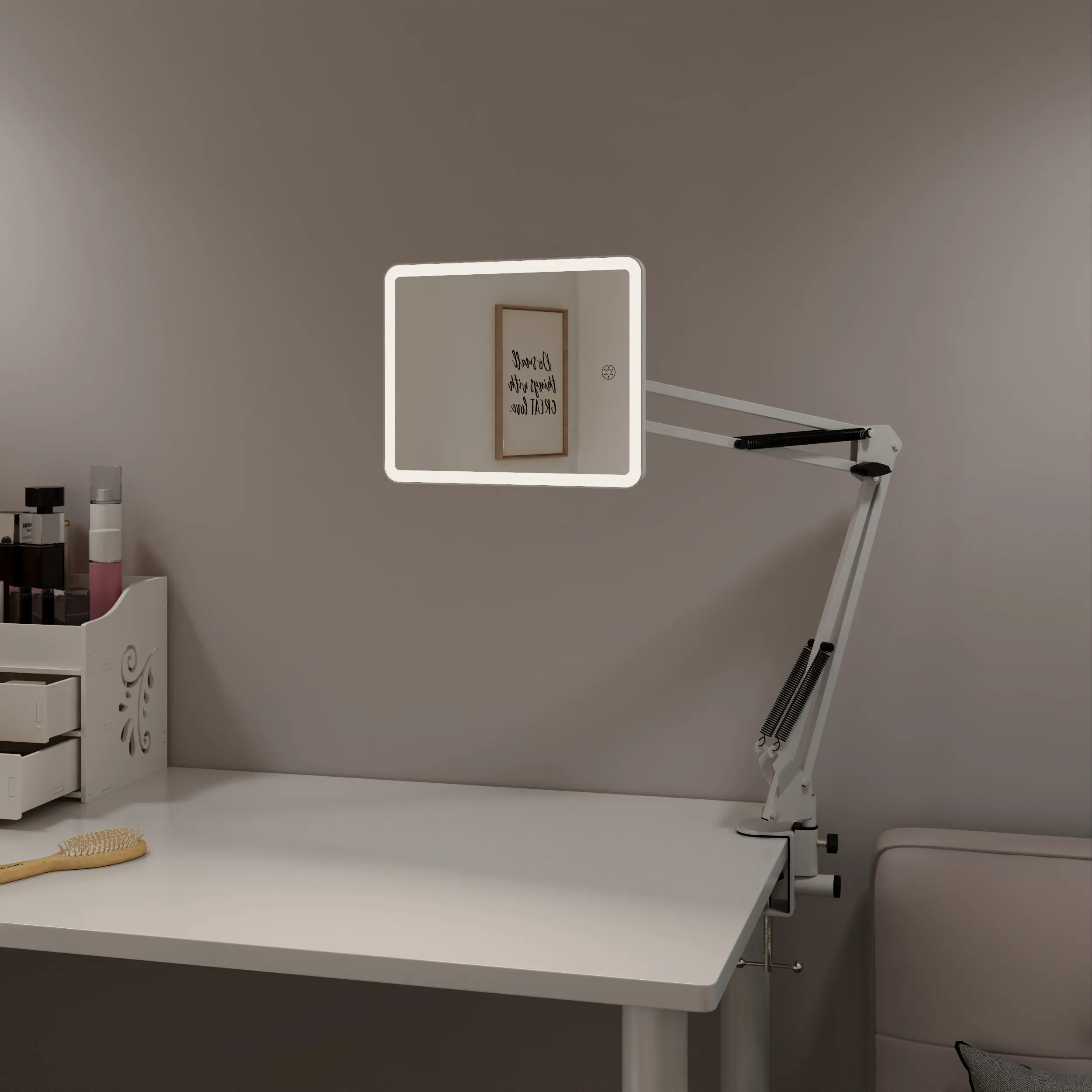 Logo personnalisé carré de rotation à 360 angle réglable en gros avec lumière LED miroir lumineux de maquillage de table cosmétique de bureau intelligent