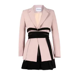 Женский дизайнерский комплект из 2 предметов, комплекты одежды с длинным рукавом, офисный розовый блейзер, элегантное официальное платье