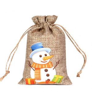 Sacs de courses en jute personnalisés pour décorations de Noël avec cordon de serrage et poignée en coton, motif dessin animé en toile de jute recyclée - Product Image 1