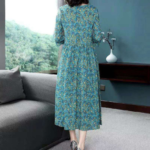 Floral Print Women's <b>Dress</b> Mid Length <b>Elastic</b> Waist O Neck Breathable Casual Daily Wear Leisure Style - Product Image 4
