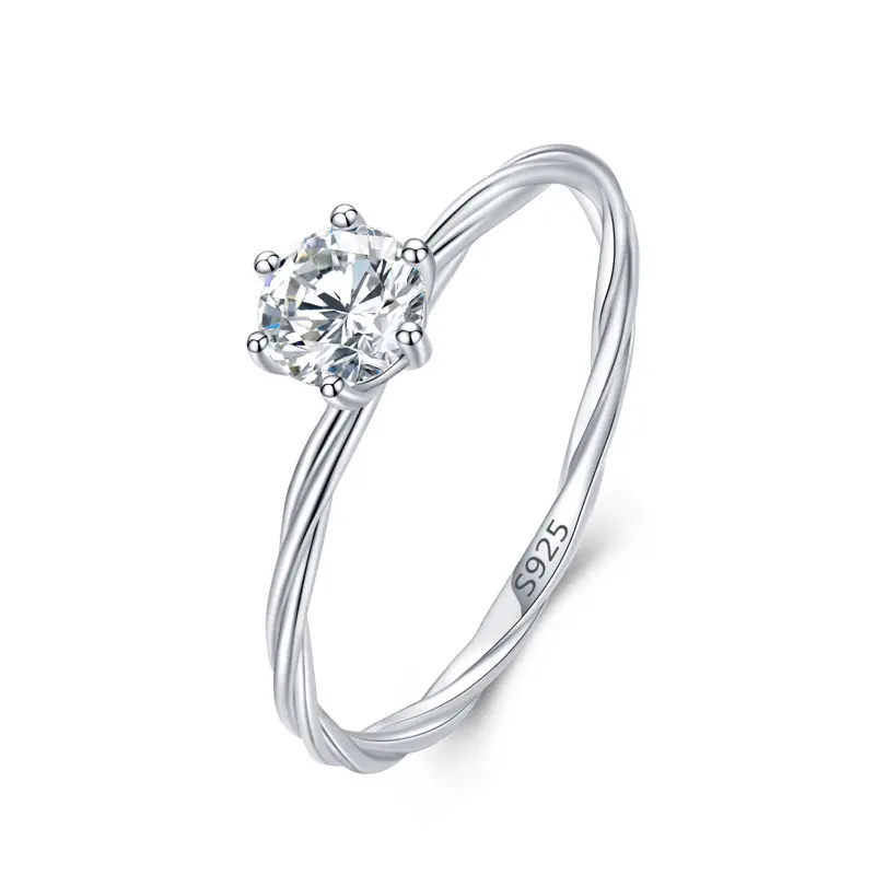 S925 Damen Fine Simple Twist Sechs-Klauen-Diamant Platin beschichteter Ring aus reinem Silber