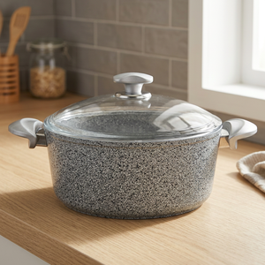 Casserole ronde moderne en fonte émaillée avec couvercle en verre et poignées en acier inoxydable - Product Image 2