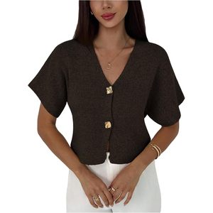 Cárdigan de Manga Corta Personalizado para Mujer, Suéter con Cuello en V, Botones, Tejido de Punto, Elegante para Oficina, Primavera/Invierno, Corte Ajustado - Product Image 1