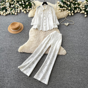 Completo Elegante da <span class=keywords><strong>Donna</strong></span> in Pizzo a 2 Pezzi: Camicia a Maniche Lunghe con Bottoni e Pantaloni a Vita Alta a Zampa d'Elefante, Outfit Casual Primaverile ed Estivo - Product Image 6