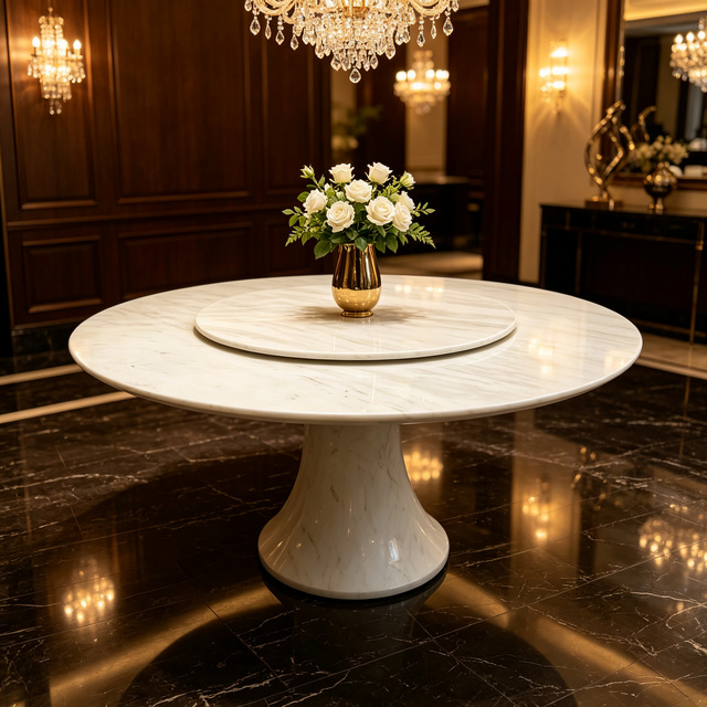 Italian Minimalist Round White Marble Table Luxury Rotating Turntable Dining Table for Restaurant Hotel