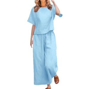 Vendita estiva più alta da donna pantaloni larghi eleganti a maniche corte due pezzi Set tinta unita abiti Casual da donna traspiranti - Product Image 6