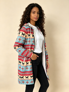 Abrigo Largo con Capucha para Mujer, Talla Grande, Estampado Geométrico, Casual, con Cierre, Forro de Poliéster y Diseño de Manga Larga - Product Image 2