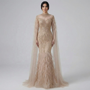 Abito da sera Serene Hill LA71885C color nudo con collo alto, maniche a mantella e piume, modello 2025, abito da cerimonia per donna - Product Image 1