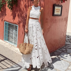 2025 Mới Châu Âu Mỹ Mùa Hè Giản Dị Ren Rắn Ngắn Dệt Nút Hollow-out Lỏng Tank Top + Váy Bộ - Product Image 2