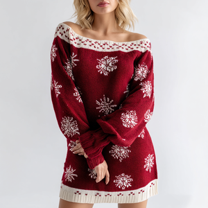 Accogliente <span class=keywords><strong>abito</strong></span> da donna con maglia di natale a-line per le vacanze invernali <span class=keywords><strong>motivi</strong></span> a fiocco di neve ricami naturali con <span class=keywords><strong>paillettes</strong></span> lavorato a maglia Midi - Product Image 2