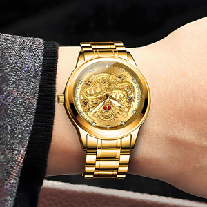 Luxury Fngeen Embossed Golden Dragon Stainless Steel Men's Quartz Movement <b>Waterproof</b> Quartz Wrist <b>Watch</b> Diamond-encrusted Red - Product Image 2