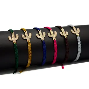 2023 Summer Wholesale handmade mix colour rope braided Bohemia cactus with rhinestone adjustable charm Bracelets
