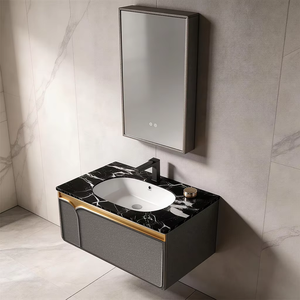 Meuble-lavabo flottant moderne et minimaliste, élégant et compact, avec un design esthétique de style mur en béton - Product Image 2