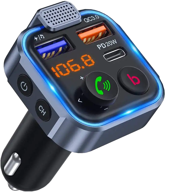 Car Stereo Portable BT5.0 Handsfree Call Mobile Charger Dual USB QC3.0 Fast Charging Display for MP3 Player FM Transmitter