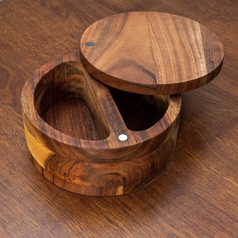 Scatola per spezie in legno di Acacia personalizzata 2 scomparti con coperchio girevole per accessori da cucina