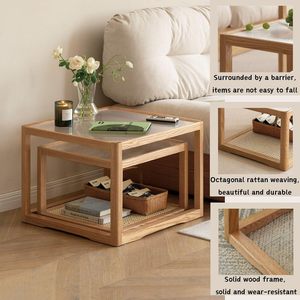 Mesa de centro cuadrada moderna de roble para sala de estar, mesa nido, mesa auxiliar de madera original, mesa de centro de ratán - Product Image 4