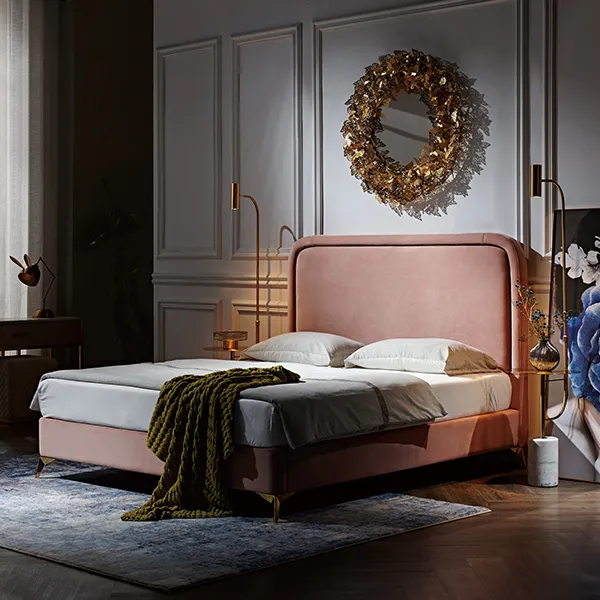 Ekonomik Modern ahşap yatak mobilya tasarımları turuncu kumaş katı ahşap yatak ev oturma odası için