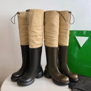 Mixed Color Low Chunky <b>Heels</b> <b>Round</b> <b>Toe</b> Loose Stretchy Top Western Boots Women Knee High Booties Patchwork Handmade Shoes - Product Image 6