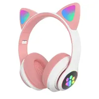 Headphone Tanpa Kabel Telinga Kucing Lucu dengan Mikrofon, Helm Musik Stereo Ponsel Hadiah untuk Anak Perempuan