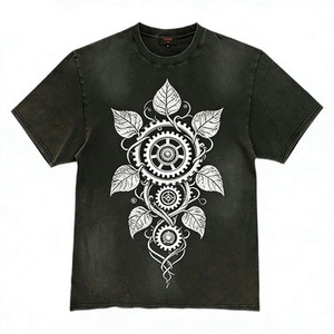 Camiseta de manga corta negra estilo steampunk <span class=keywords><strong>vintage</strong></span> con engranajes mecánicos y patrón de hojas, informal, unisex - Product Image 3