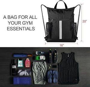 <b>Drawstring</b> <b>Backpacks</b> 20x16 Large Gym Sack Reflective Strip Inside Front Zipper Dual Mesh Side Pockets Beach Swim Hiking 4 Colors - Product Image 2
