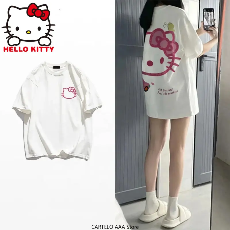 여름 kt 고양이 캐주얼 반팔 티셔츠 여성용 느슨한 한국 패션 Y2k 탑 산리오 의류 스트리트웨어 특대 소녀
