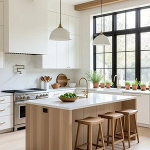 Armoires classiques minimalistes en blanc riz, polyvalentes, pour petits appartements, avec micro-ondes intégré, armoires ouvertes, grand espace de rangement - Product Image 2