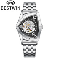 Montre-bracelet automatique pour homme de haute qualité avec bracelet tout acier, cadran squelette triangulaire, style professionnel de luxe, montre mécanique