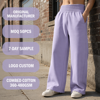 Pantalones de chándal para hombre personalizados, de algodón peinado con forro polar de lavanda, con smock, cintura alta elástica, pierna ancha, bajo sin rematar, estilo streetwear y corte relajado